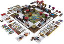 Tang Garden board game components laid out. Features an intricately designed game board with pagodas, colorful trees, and various tokens. Includes character cards and resource markers emphasizing a scenic garden theme for strategic gameplay.