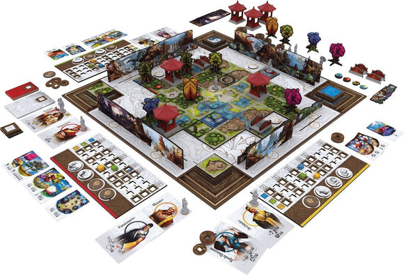 Tang Garden board game components laid out. Features an intricately designed game board with pagodas, colorful trees, and various tokens. Includes character cards and resource markers emphasizing a scenic garden theme for strategic gameplay.