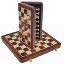 12-inch wooden magnetic folding chess set, featuring a beautifully crafted light and dark wood design. The chess pieces are stored securely within the folding board, which showcases a classic chessboard pattern. Ideal for travel or home use, this game combines elegance and functionality.