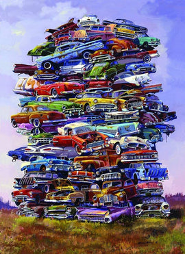 A vibrant jigsaw puzzle featuring a colorful stack of vintage cars from the 1950s, showcasing bold reds, blues, greens, and purples, against a scenic background. The artwork captures the essence of the Fabulous 50s automotive culture, making it a nostalgic and engaging puzzle experience.