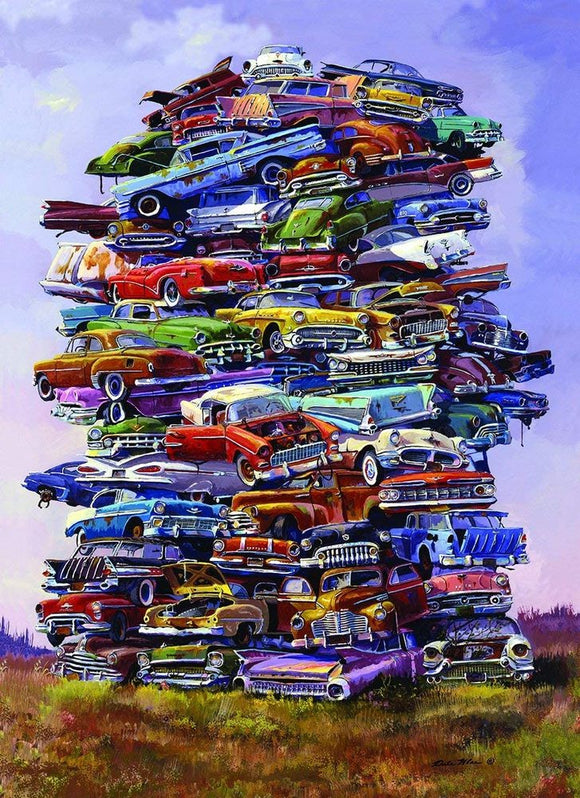 A vibrant jigsaw puzzle featuring a colorful stack of vintage cars from the 1950s, showcasing bold reds, blues, greens, and purples, against a scenic background. The artwork captures the essence of the Fabulous 50s automotive culture, making it a nostalgic and engaging puzzle experience.