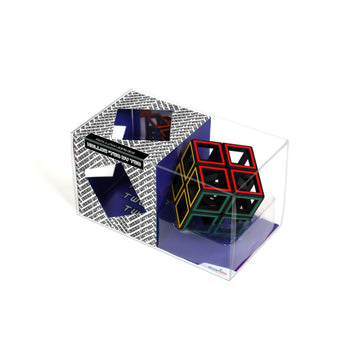 A Hollow Cube - Two By Two mechanical puzzle by RT18 displayed in a transparent packaging. The cube features vibrant colors with hollow squares, showcasing an intriguing design that combines challenge with visual appeal. The packaging includes branding details and allows a clear view of the puzzle inside.