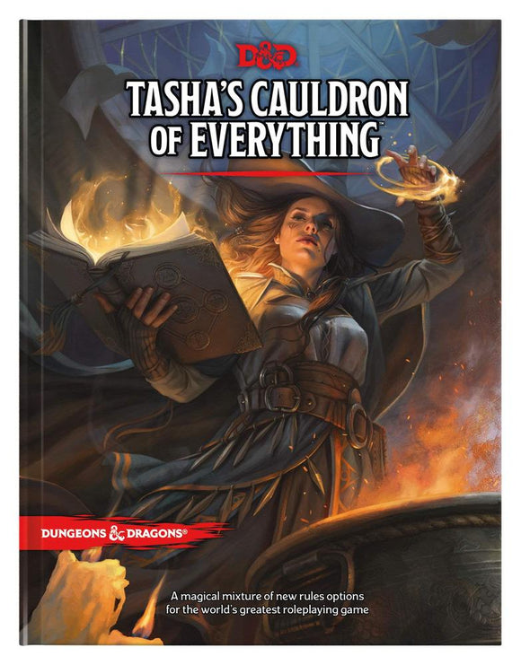 Cover of the Dungeons & Dragons book 'Tasha's Cauldron of Everything,' featuring a sorceress with flowing hair conjuring magic from a spellbook. The background depicts a mystical cauldron and candles, embodying an enchanting fantasy theme.
