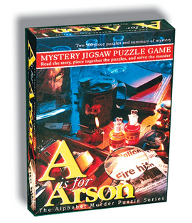 The jigsaw puzzle box titled 'A is for Arson' by TDC Games Inc features intriguing imagery including a candle, various bottles, a police badge, newspaper clippings, and workspace elements. It promotes a mystery theme, inviting players to read the story and solve the murder through piecing together two 500-piece puzzles.