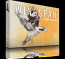 Wingspan Oceania Expansion game box featuring a beautifully illustrated flying bird against a vibrant orange background. The title 'Wingspan' prominently displayed along with details about the game design and illustrations.