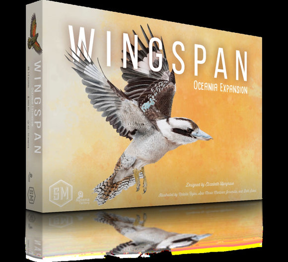 Wingspan Oceania Expansion game box featuring a beautifully illustrated flying bird against a vibrant orange background. The title 'Wingspan' prominently displayed along with details about the game design and illustrations.