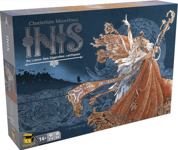 The INIS board game box features an intricate illustration of a cloaked figure, holding a staff, surrounded by Celtic motifs and mythical landscapes. The design emphasizes vibrant colors and artistic details, highlighting the game’s connection to Celtic legends.