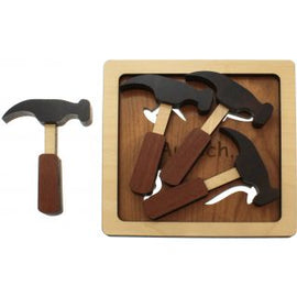 A stunning wooden mechanical puzzle hammer set by Jean-Claude Constantin. The set includes several intricately designed mini hammers, showcasing a combination of dark and light wood tones. Each hammer features a realistic shape, set inside a snug wooden base that adds to its aesthetic appeal. Ideal for puzzle enthusiasts and lovers of mechanical designs.
