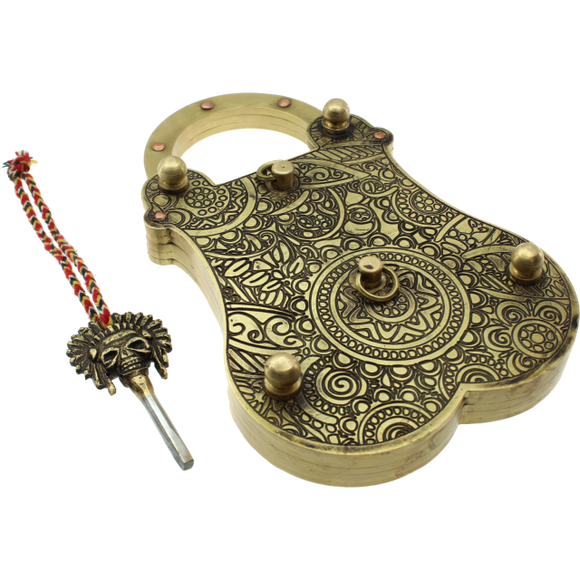 The Super Lock by JCC, designed by Jean Claude, is an intricate mechanical puzzle featuring a beautifully detailed brass padlock adorned with ornate patterns. It comes with a unique key shaped like a lion's head, both visually captivating and challenging to solve.