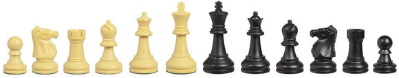A set of chess pieces from the Bobby Fischer Ultimate collection by Wood Expressions. The pieces include classic designs, featuring black and beige colors with detailed craftsmanship, suitable for chess enthusiasts and collectors.