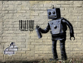An artistic depiction of a robot, standing next to a partially damaged brick wall, holding a spray can. The robot appears to be tagging the wall with vertical lines, showcasing urban art influences.