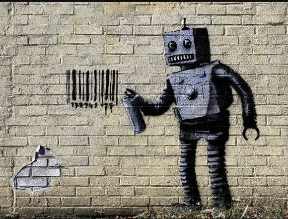 An artistic depiction of a robot, standing next to a partially damaged brick wall, holding a spray can. The robot appears to be tagging the wall with vertical lines, showcasing urban art influences.