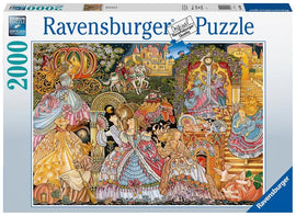 A Ravensburger 2000-piece jigsaw puzzle featuring a beautifully illustrated scene inspired by Cinderella. The artwork showcases various characters in elegant dresses, enchanting carriages, and a vibrant fairy tale setting, making it a captivating puzzle experience.