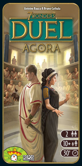 The 7 Wonders Duel: Agora Expansion game box, featuring two ancient Roman figures. The man on the left is dressed in a toga with a sword, and the woman on the right is in a dark gown. The background depicts a historical amphitheater filled with spectators. The box includes icons indicating it is designed for 2 players, ages 10 and up, with a playtime of approximately 30 minutes.