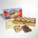 A 12-inch folding wooden chess set by House of Marbles. The set includes a beautifully designed chessboard with a wood finish and a compartment for storing chess pieces. The box features vibrant graphics, stating 'Folding Wooden Chess' and highlighting it as 'The Classic Game'. There are two bags of chess pieces in light and dark wood tones, and a game instruction sheet is also visible.