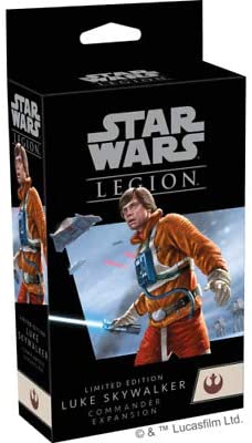 Star Wars Legion: Luke Skywalker Commander Expansion box featuring a dynamic image of Luke Skywalker in his Rebel pilot outfit, wielding a lightsaber. The packaging showcases the iconic Star Wars logo and includes details such as the limited edition mark, making it an exciting collectible for fans and tabletop gamers alike.