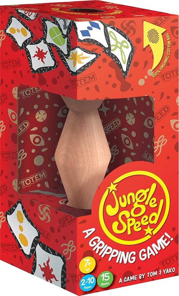 Jungle Speed (Eco Pack) game by Zygomatic. The game box features vibrant red and colorful illustrations of cards and symbols. It includes a wooden totem and is designed for 2-10 players aged 7 and up, offering a fast-paced and engaging gameplay experience that lasts about 15 minutes.