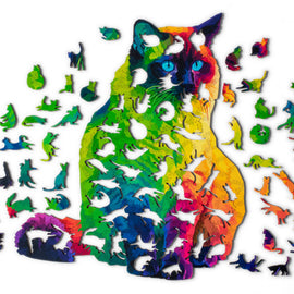 A vibrant jigsaw puzzle featuring a colorful illustration of a cat surrounded by various cat-shaped puzzle pieces in multiple colors. The cat has striking blue eyes and a rainbow gradient design, creating a playful and artistic look.