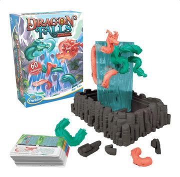 Dragon Falls mechanical puzzle by Thinkfun featuring a colorful design with various dragon shapes in red and green. The puzzle includes a base and challenge cards, offering 60 different challenges to engage and stimulate problem-solving skills in players aged 8 and up.