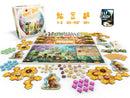 The board game Honey Buzz by ELF CREEK GAMES displayed with its components. The box showcases vibrant artwork featuring a whimsical honey-themed landscape with animals. The game board is laid out with hexagonal tiles, tokens, and resource cards, accompanied by player pieces in various colors. The game accommodates 1-4 players, takes 45-90 minutes to play, and is suitable for ages 10 and up.