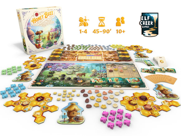 The board game Honey Buzz by ELF CREEK GAMES displayed with its components. The box showcases vibrant artwork featuring a whimsical honey-themed landscape with animals. The game board is laid out with hexagonal tiles, tokens, and resource cards, accompanied by player pieces in various colors. The game accommodates 1-4 players, takes 45-90 minutes to play, and is suitable for ages 10 and up.