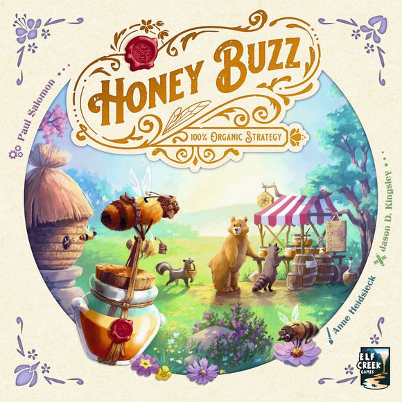 Honey Buzz game box featuring colorful artwork of animals including a bear, raccoon, and bees, set in a picturesque village scene with a honey jar and beehive. The title is prominently displayed at the top, emphasizing strategy and organic themes.