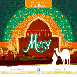 The game 'Merv: The Heart of The Silk Road' by Osprey Games features a vibrant cover design showcasing a silhouette of a man with a camel, set against a colorful backdrop of intricate patterns inspired by Middle Eastern architecture and landscapes. The game's title is prominently displayed in a bold, artistic font, capturing the essence of trade and adventure along the historic Silk Road.