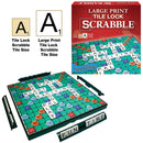 Large Print Tile Lock Scrabble game by Winning Moves, featuring a colorful game board with large tiles and words arranged such as 'FUN TIME' and 'CREATIVE'. The game includes a sturdy box design and secure tile locking mechanism, perfect for easy gameplay.