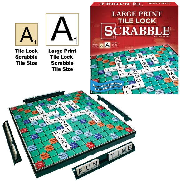 Large Print Tile Lock Scrabble game by Winning Moves, featuring a colorful game board with large tiles and words arranged such as 'FUN TIME' and 'CREATIVE'. The game includes a sturdy box design and secure tile locking mechanism, perfect for easy gameplay.