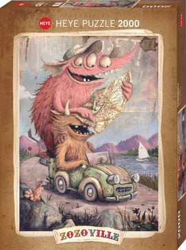Zozoville Road Trippin' jigsaw puzzle by Heye featuring whimsical creatures on a road trip. One creature drives a small green car while the other maps their journey, surrounded by mountains and water.