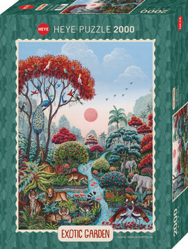 Heye Wildlife Paradise 2000pc jigsaw puzzle box featuring an intricate illustration of an exotic garden. The artwork showcases vibrant flora and fauna, with a peacock, elephants, lions, and various colorful birds amidst lush greenery and a winding stream under a soft sunset.