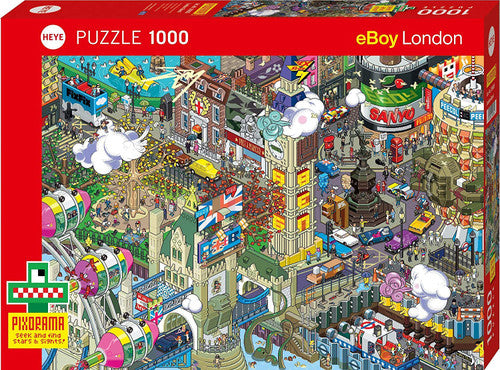 London Quest jigsaw puzzle by Heye, featuring a vibrant illustration of a bustling London cityscape filled with iconic landmarks, colorful vehicles, whimsical characters, and intricate details. The puzzle contains 1000 pieces and is designed in a playful pixel art style, inviting puzzlers to explore and enjoy every corner of the scene.