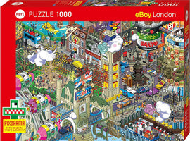 London Quest jigsaw puzzle by Heye, featuring a vibrant illustration of a bustling London cityscape filled with iconic landmarks, colorful vehicles, whimsical characters, and intricate details. The puzzle contains 1000 pieces and is designed in a playful pixel art style, inviting puzzlers to explore and enjoy every corner of the scene.