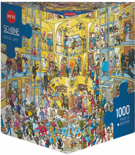 Heye Hotel Life 1000-piece jigsaw puzzle box featuring a vibrant and detailed illustration of hotel life, including various characters and activities in a multi-level hotel setting. The puzzle includes a poster.