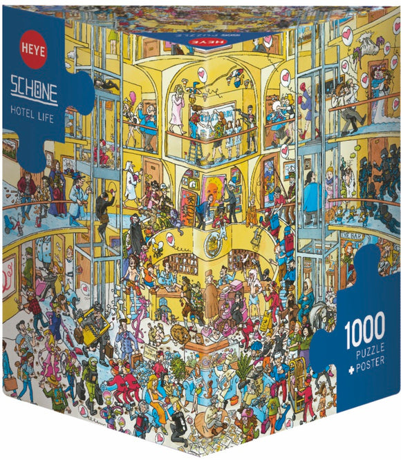 Heye Hotel Life 1000-piece jigsaw puzzle box featuring a vibrant and detailed illustration of hotel life, including various characters and activities in a multi-level hotel setting. The puzzle includes a poster.