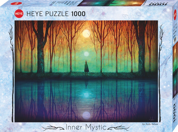 New Skies jigsaw puzzle by Heye featuring a captivating scene with vibrant colors depicting a mystical forest and a serene lake. Ideal for puzzle enthusiasts.
