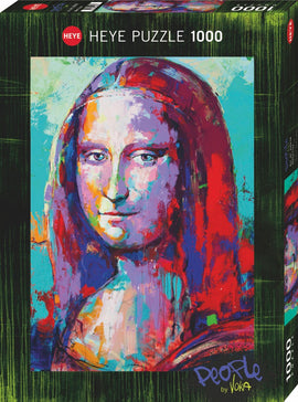 Colorful jigsaw puzzle featuring a modern interpretation of the Mona Lisa by Voka. The puzzle box displays vibrant colors and artistic design, perfect for art lovers and puzzle enthusiasts. It includes 1000 pieces, ideal for challenging and engaging entertainment.
