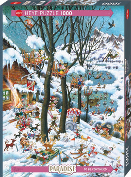 Paradise, In Winter jigsaw puzzle box featuring a vibrant winter scene with playful animals and people engaging in various winter activities amidst snow-covered trees and mountains. The artwork is colorful and whimsical, perfect for jigsaw puzzle lovers.