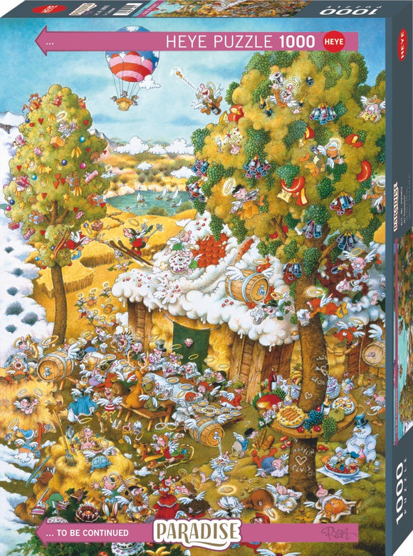 A vibrant illustration of a summer paradise scene featuring whimsical characters engaged in various activities. A cozy cabin adorned with colorful flowers and fruits, surrounded by lush green trees and a flowing river. Hot air balloons float in a bright blue sky as cheerful characters celebrate with festive decorations and delicious food, all depicted in meticulous detail on the Heye 1000-piece jigsaw puzzle.