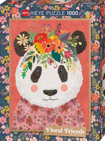 The Cuddly Panda jigsaw puzzle features an adorable panda adorned with a floral crown of vibrant flowers. The background is a warm coral color set among a border of colorful floral patterns, bringing a cheerful and lively aesthetic to the design. Perfect for puzzle enthusiasts of all ages, this 1000-piece puzzle created by Heye makes a delightful addition to any collection.