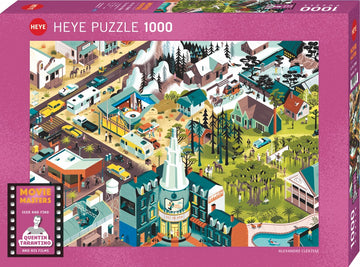 The Tarantino Films 1000-piece jigsaw puzzle by Heye features a vibrant, illustrated scene filled with iconic elements from Quentin Tarantino's movies. The box displays an engaging montage of characters, settings, and vehicles that pay homage to his cinematic style, inviting fans and puzzle enthusiasts alike to immerse themselves in the artistry of his films.