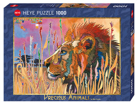 A colorful jigsaw puzzle box from Heye featuring a vibrant and artistic representation of a lion surrounded by tall grass and abstract shapes. The title 'Precious Animals' is prominently displayed, showcasing the intricate design and vivid colors that make this puzzle visually appealing.
