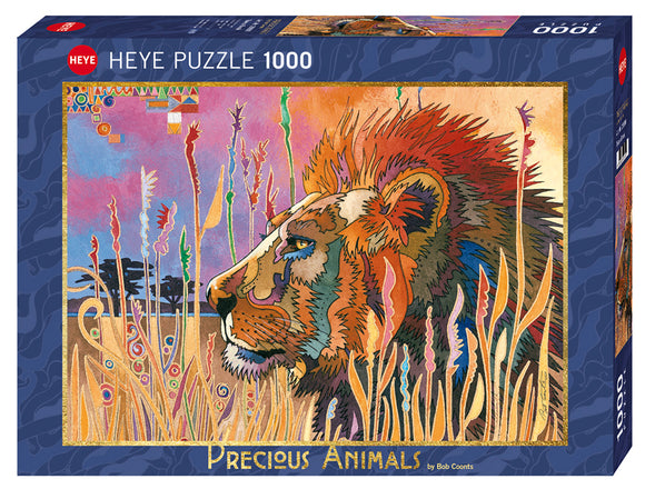 A colorful jigsaw puzzle box from Heye featuring a vibrant and artistic representation of a lion surrounded by tall grass and abstract shapes. The title 'Precious Animals' is prominently displayed, showcasing the intricate design and vivid colors that make this puzzle visually appealing.
