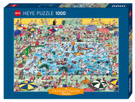 A colorful jigsaw puzzle titled 'Cool Down!' featuring a busy pool scene filled with cartoon characters enjoying summer activities around a lively swimming pool, complete with umbrellas, inflatables, and various beach-goers.