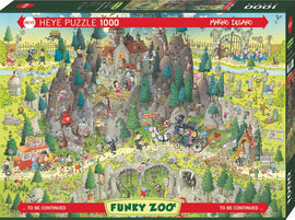 Transylvanian Habitat jigsaw puzzle by Heye, featuring a whimsical landscape filled with animated animals, a spooky mansion, and various humorous scenes. This colorful 1000-piece puzzle illustrates a vibrant, fantastical world brimming with characters and playful details that challenge the mind and entertain.