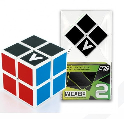 The V-Cube 2 Flat is a mechanical puzzle featuring a sleek design with colored stickers in red, blue, and green on its cube faces. It comes in a clear packaging showcasing its exceptional quality and patented technology, ideal for puzzle enthusiasts and competitive cubers seeking a challenge.