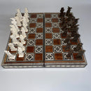 A 14-inch folding chess set featuring intricately designed pieces in two contrasting colors. The board showcases a fine wood finish with decorative inlays, ideal for both collectors and casual players. The set is compact and portable, perfect for travel and storage.