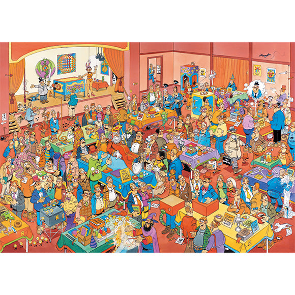 A vibrant, detailed jigsaw puzzle artwork by Jan Van Haasteren depicting a busy fair scene filled with characters and various activities in a hall. The image showcases colorful tables laden with different items and includes animated characters engaging in fun and chaotic interactions, creating a lively and humorous atmosphere.