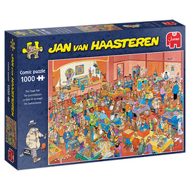 Magic Fair jigsaw puzzle by Jan Van Haasteren features a vibrant comic-style illustration filled with whimsical characters engaging in various activities at a bustling fair. The puzzle consists of 1000 pieces, showcasing a lively scene with detailed artwork.