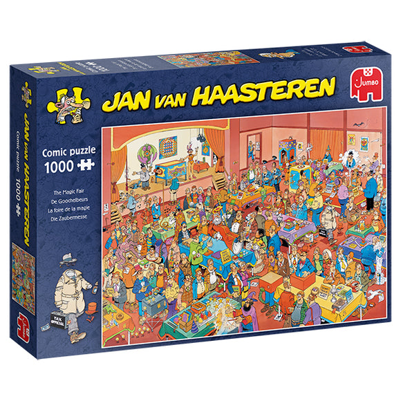 Magic Fair jigsaw puzzle by Jan Van Haasteren features a vibrant comic-style illustration filled with whimsical characters engaging in various activities at a bustling fair. The puzzle consists of 1000 pieces, showcasing a lively scene with detailed artwork.